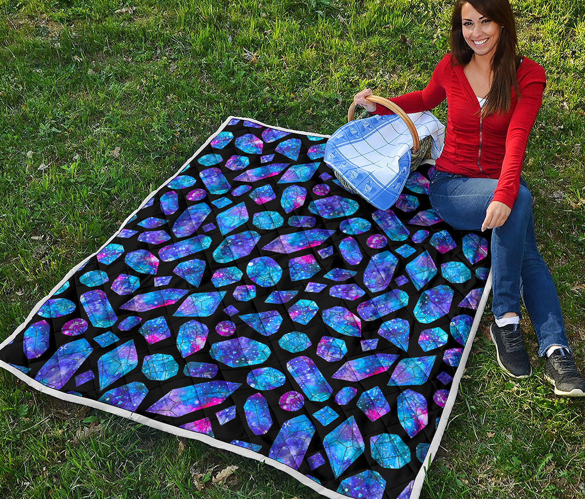 Blue Crystal Cosmic Galaxy Space Print Quilt