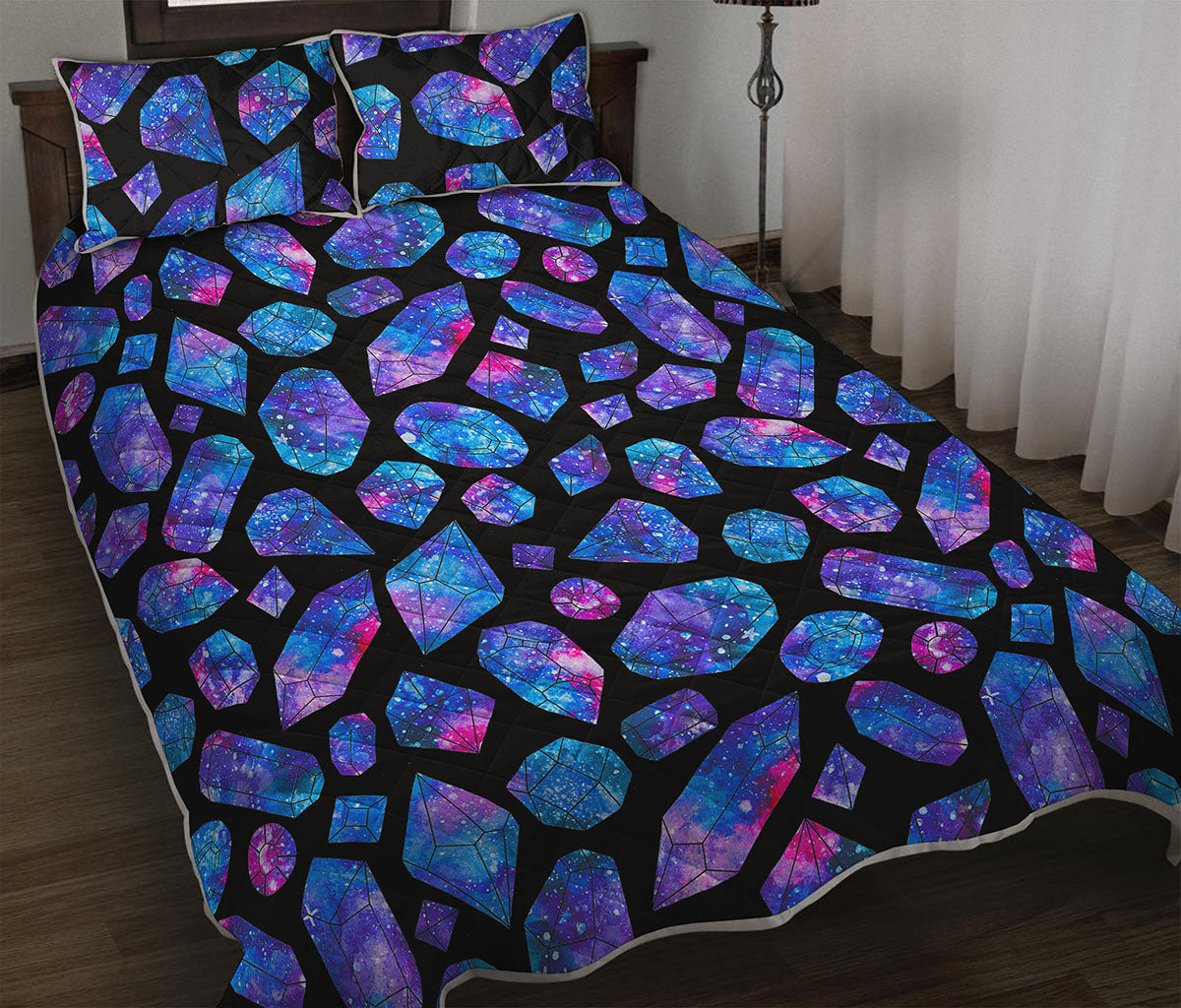 Blue Crystal Cosmic Galaxy Space Print Quilt Bed Set