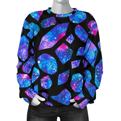 Blue Crystal Cosmic Galaxy Space Print Women's Crewneck Sweatshirt GearFrost