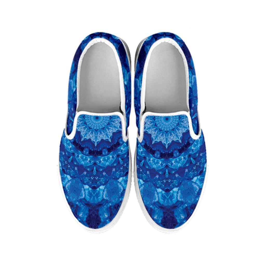 Blue Crystal Kaleidoscope Print White Slip On Shoes