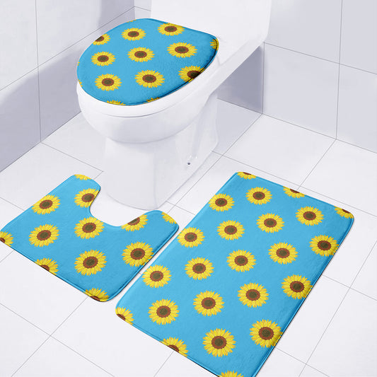 Blue Cute Sunflower Pattern Print 3 Piece Bath Mat Set