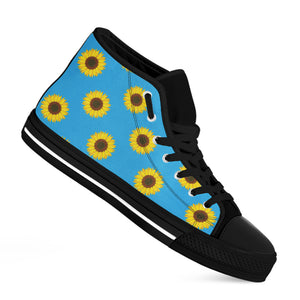 Blue Cute Sunflower Pattern Print Black High Top Shoes