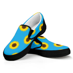 Blue Cute Sunflower Pattern Print Black Slip On Shoes