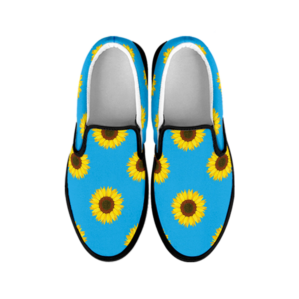 Blue Cute Sunflower Pattern Print Black Slip On Shoes