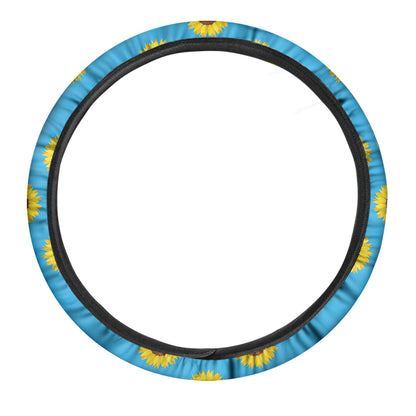 Blue Cute Sunflower Pattern Print Car Steering Wheel Cover