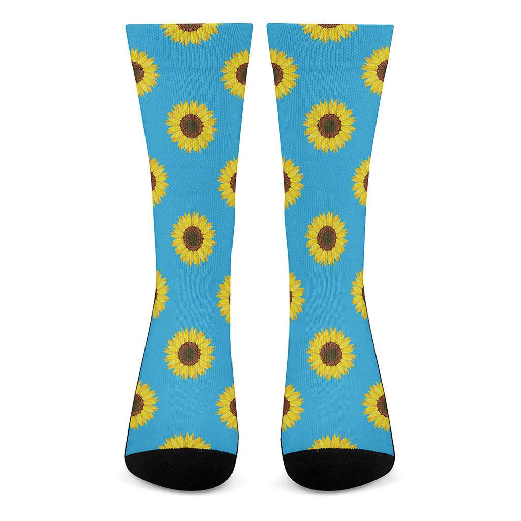 Blue Cute Sunflower Pattern Print Crew Socks