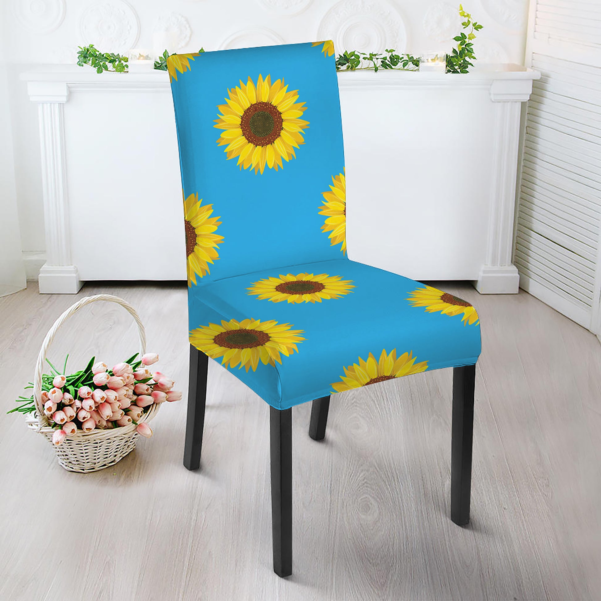Blue Cute Sunflower Pattern Print Dining Chair Slipcover
