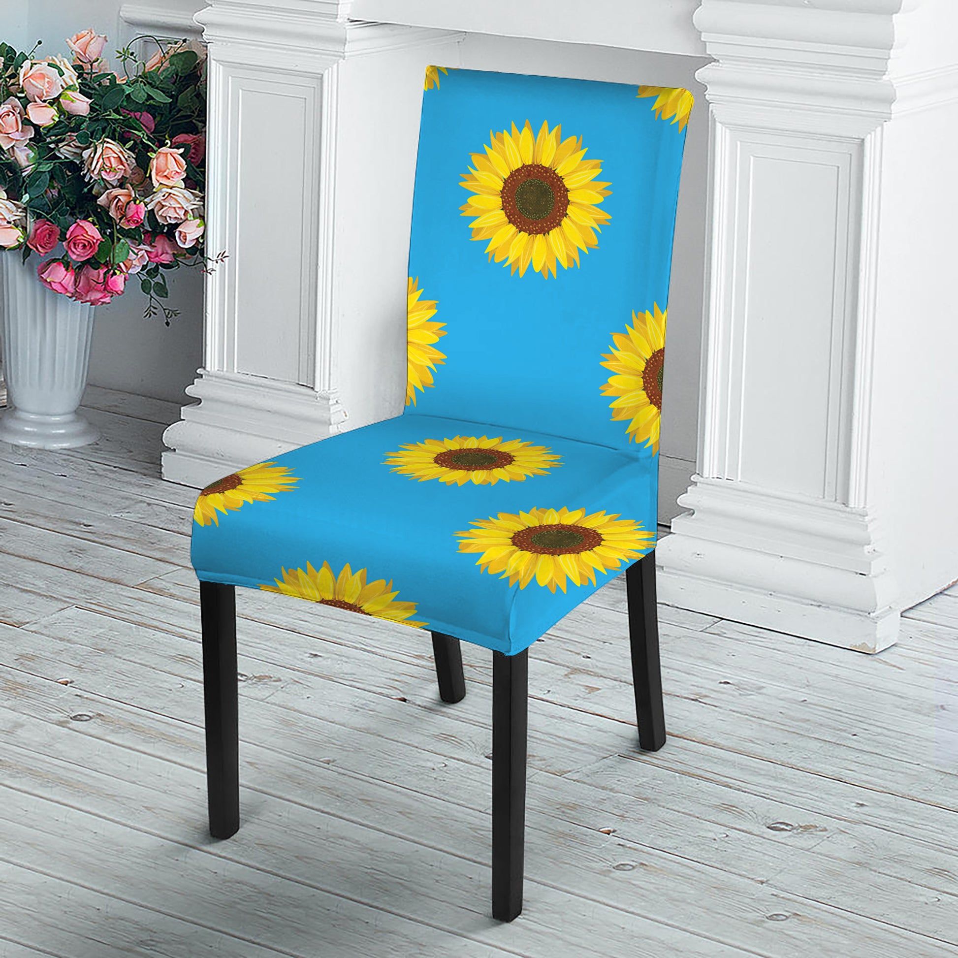 Blue Cute Sunflower Pattern Print Dining Chair Slipcover