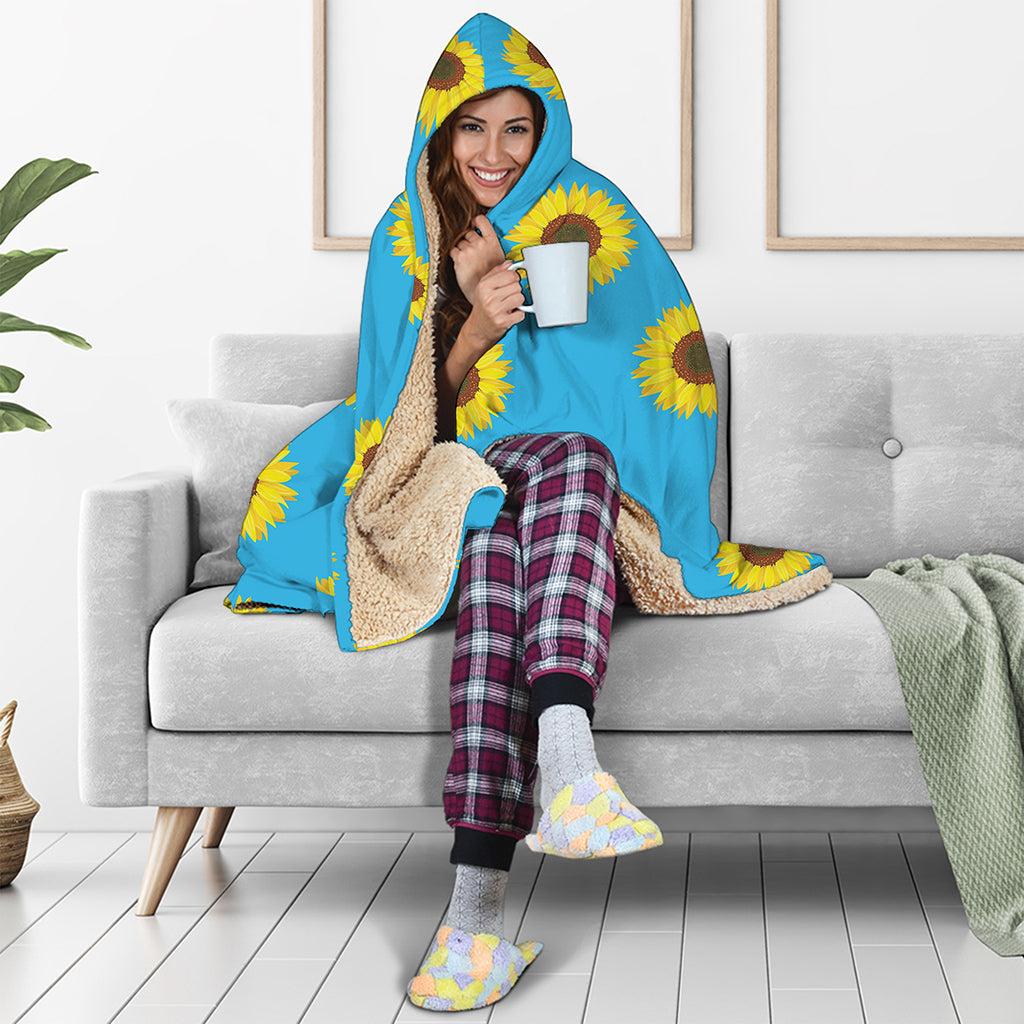 Blue Cute Sunflower Pattern Print Hooded Blanket