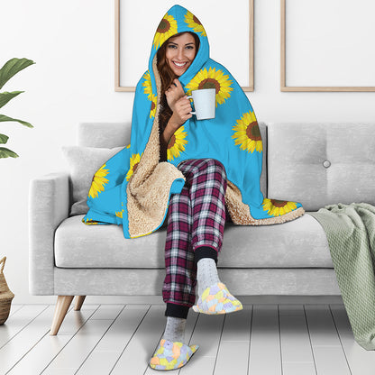 Blue Cute Sunflower Pattern Print Hooded Blanket