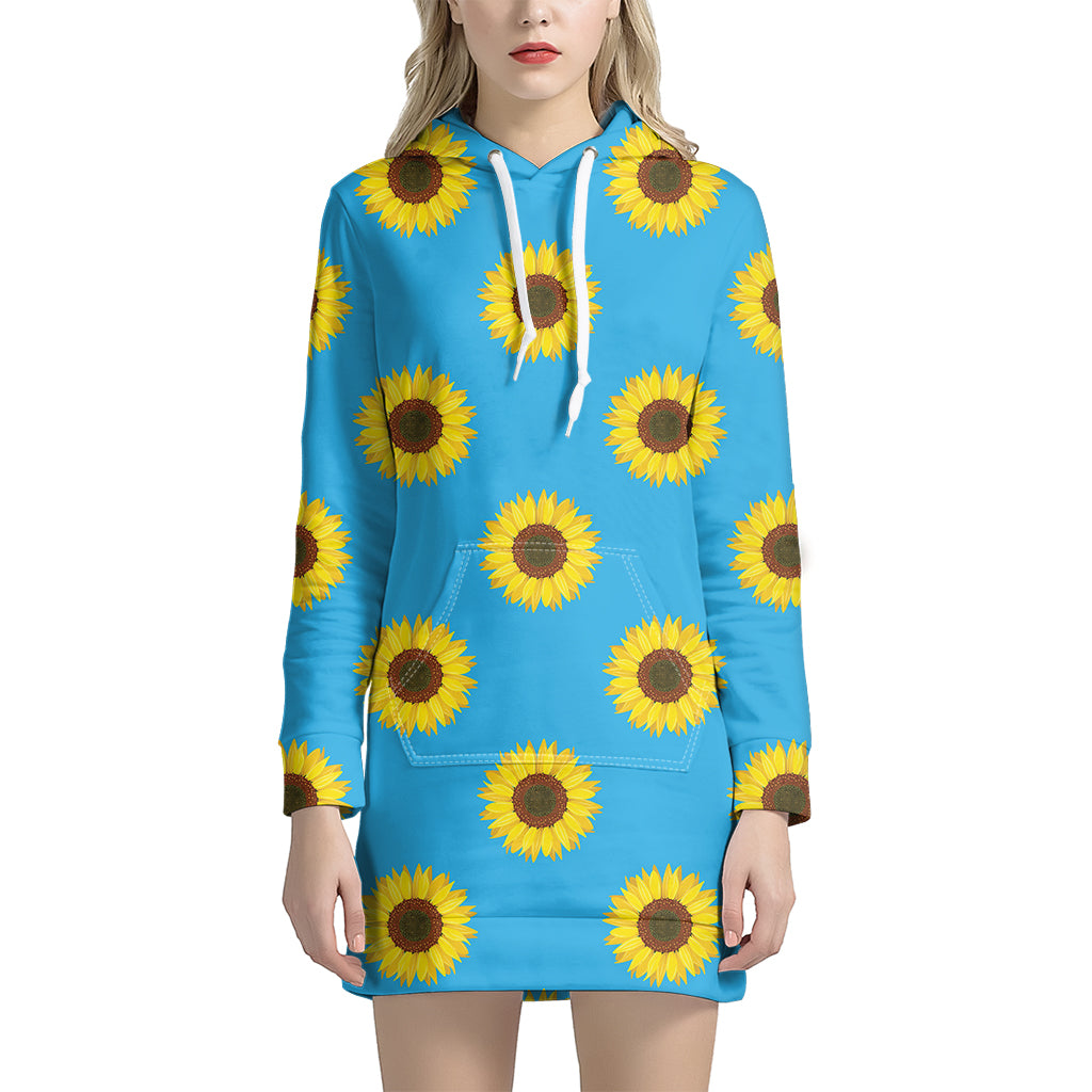Blue Cute Sunflower Pattern Print Hoodie Dress