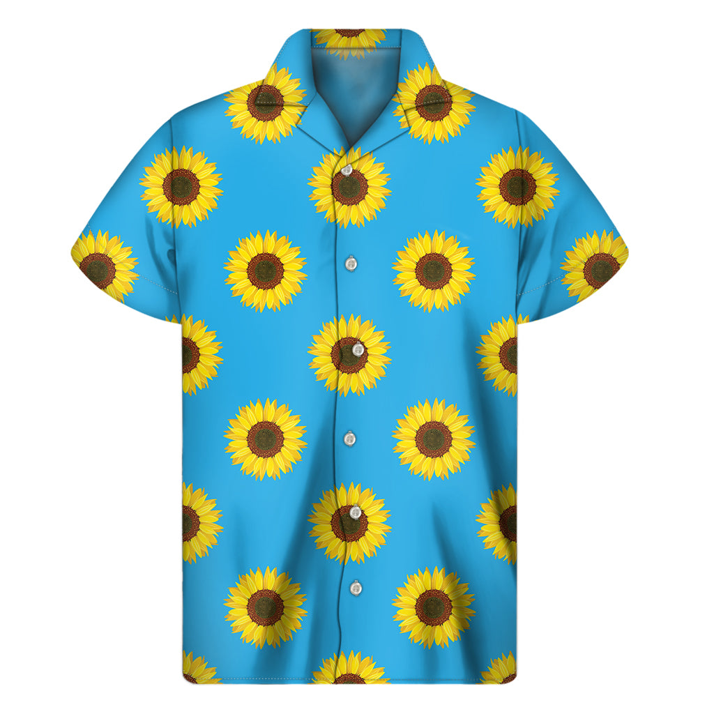 Blue Cute Sunflower Pattern Print Men's Short Sleeve Shirt