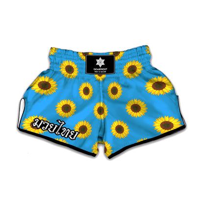 Blue Cute Sunflower Pattern Print Muay Thai Boxing Shorts