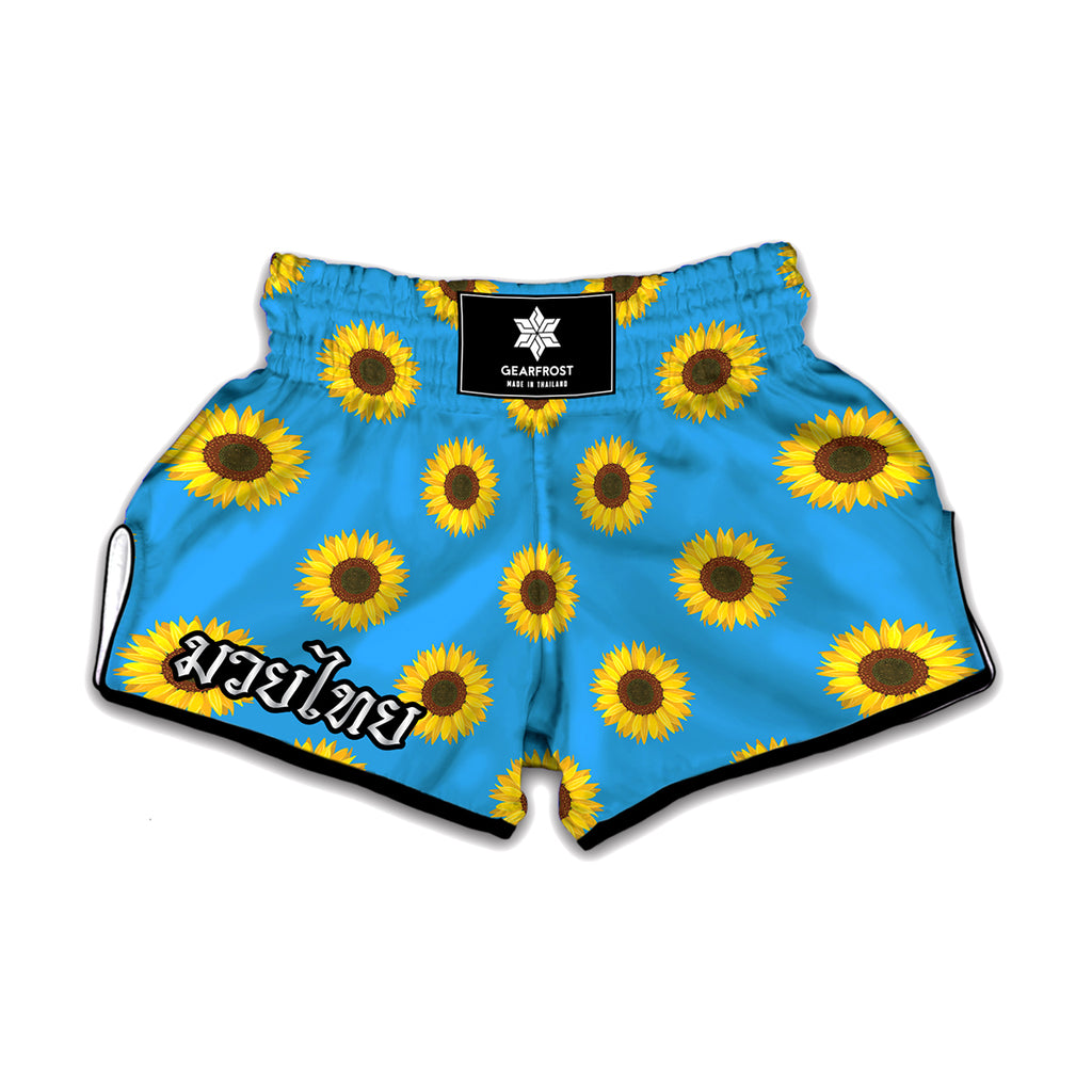 Blue Cute Sunflower Pattern Print Muay Thai Boxing Shorts