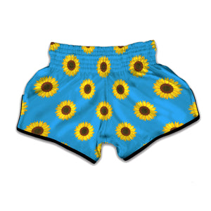 Blue Cute Sunflower Pattern Print Muay Thai Boxing Shorts