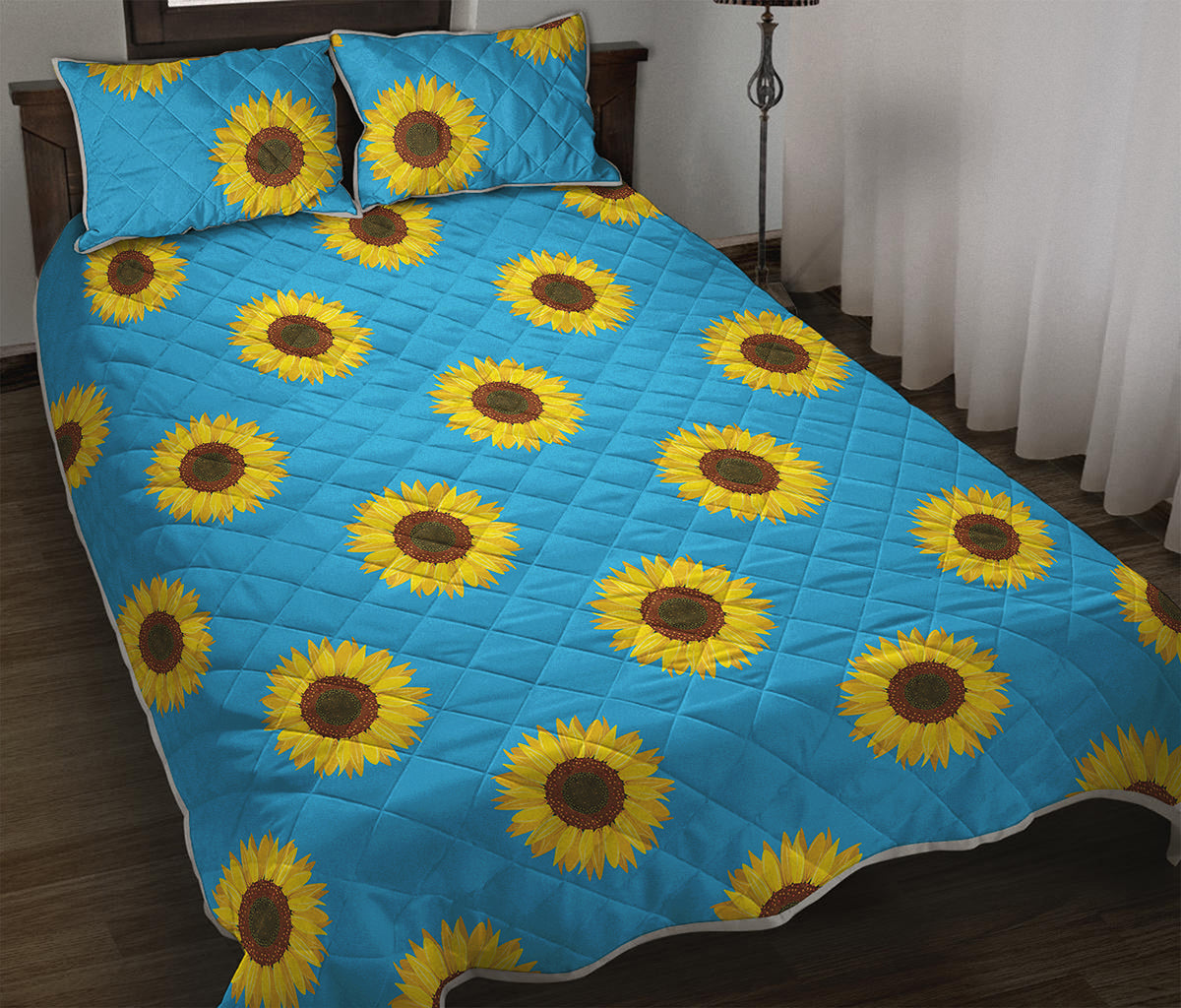 Blue Cute Sunflower Pattern Print Quilt Bed Set