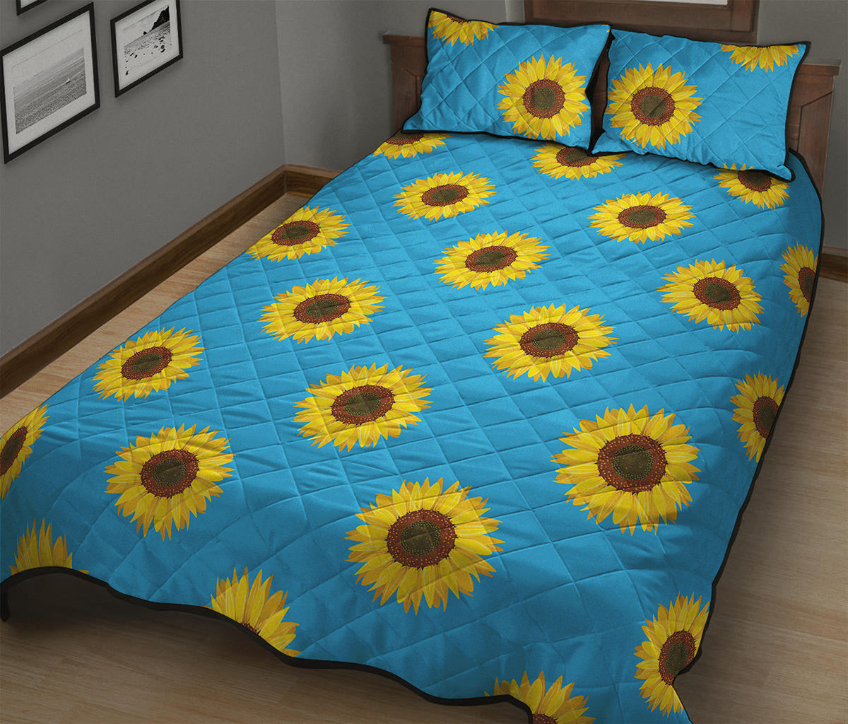 Blue Cute Sunflower Pattern Print Quilt Bed Set