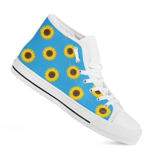 Blue Cute Sunflower Pattern Print White High Top Shoes