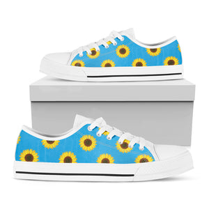 Blue Cute Sunflower Pattern Print White Low Top Shoes
