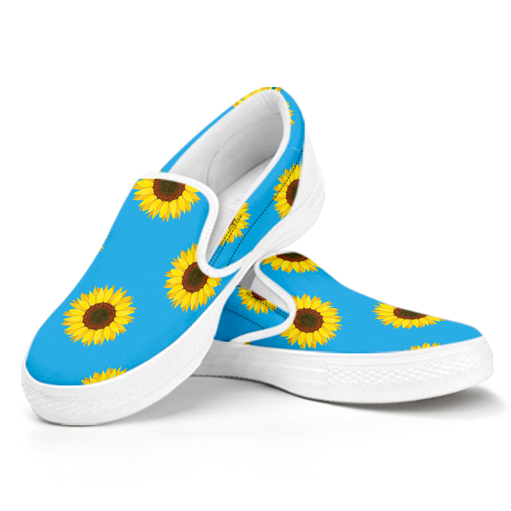 Blue Cute Sunflower Pattern Print White Slip On Shoes
