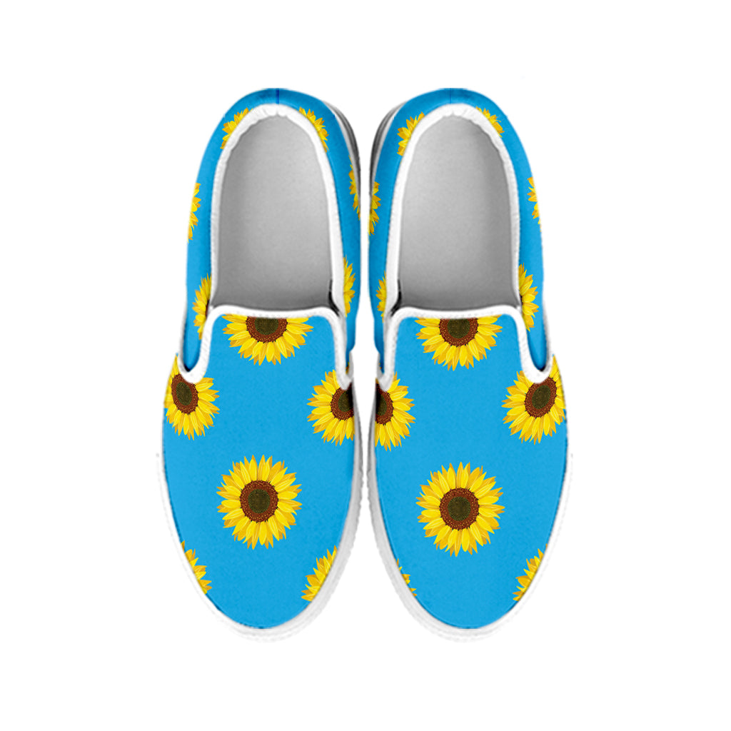 Blue Cute Sunflower Pattern Print White Slip On Shoes