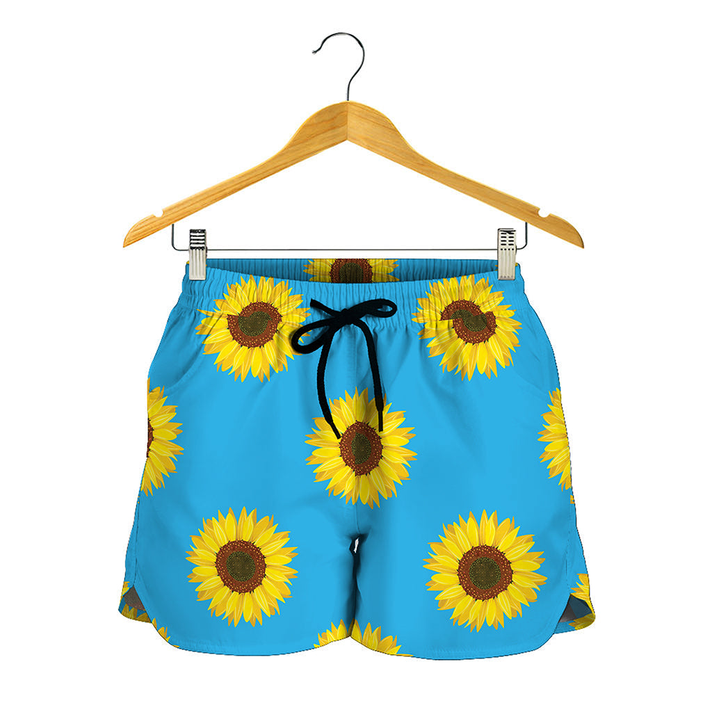 Blue Cute Sunflower Pattern Print Women's Shorts