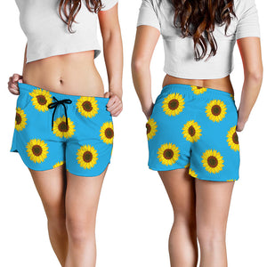 Blue Cute Sunflower Pattern Print Women's Shorts