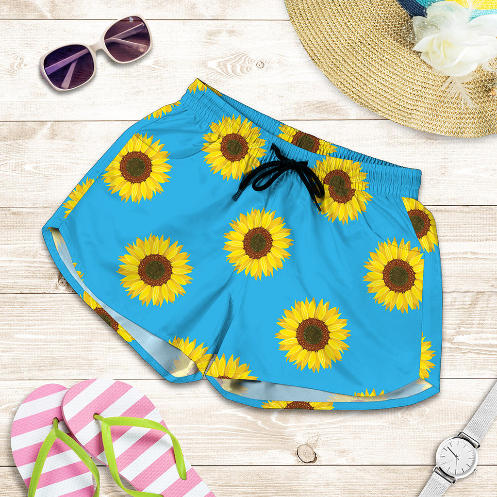Blue Cute Sunflower Pattern Print Women's Shorts