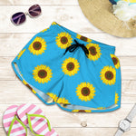 Blue Cute Sunflower Pattern Print Women's Shorts