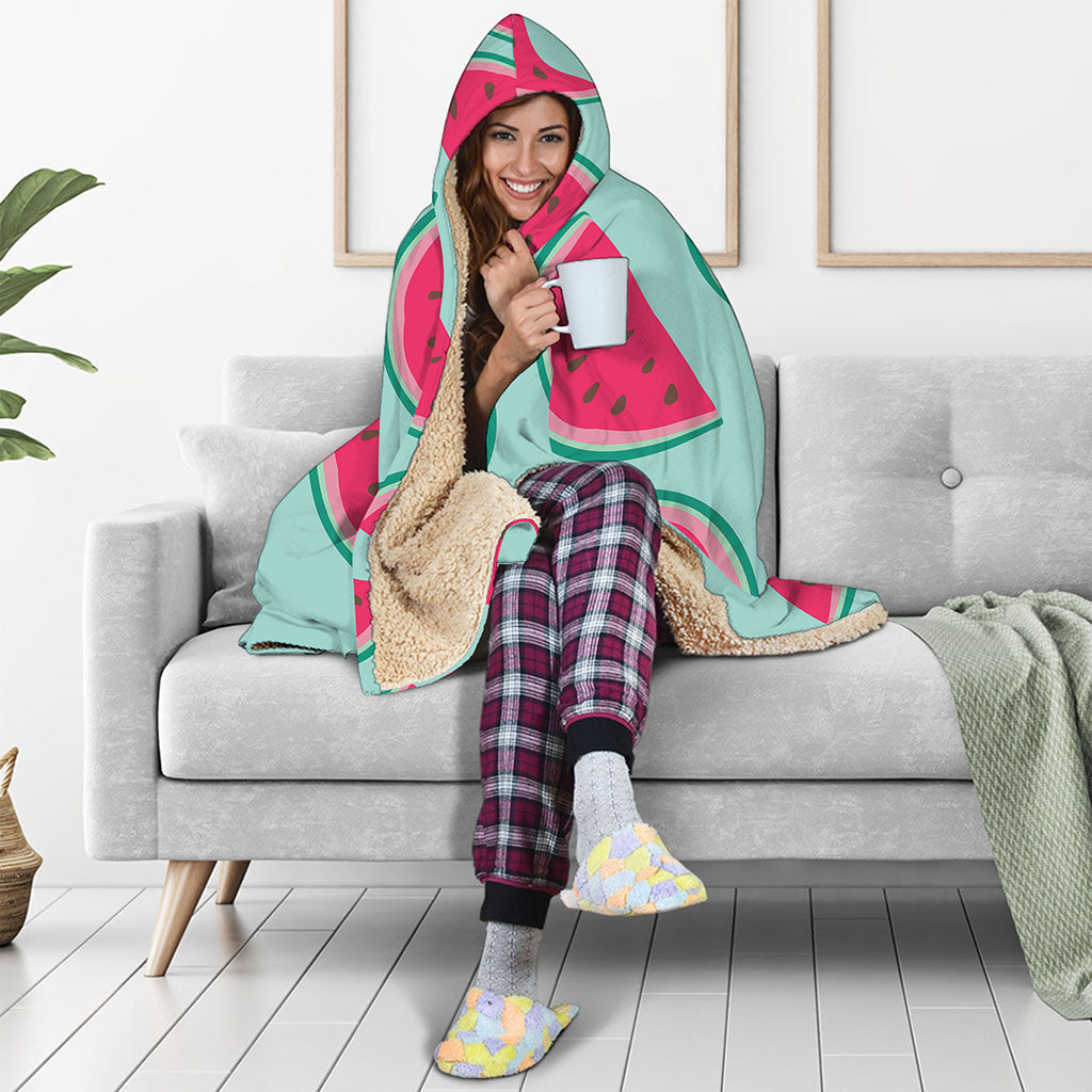 Blue Cute Watermelon Pattern Print Hooded Blanket