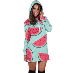 Blue Cute Watermelon Pattern Print Hoodie Dress GearFrost