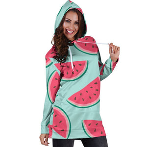 Blue Cute Watermelon Pattern Print Hoodie Dress GearFrost