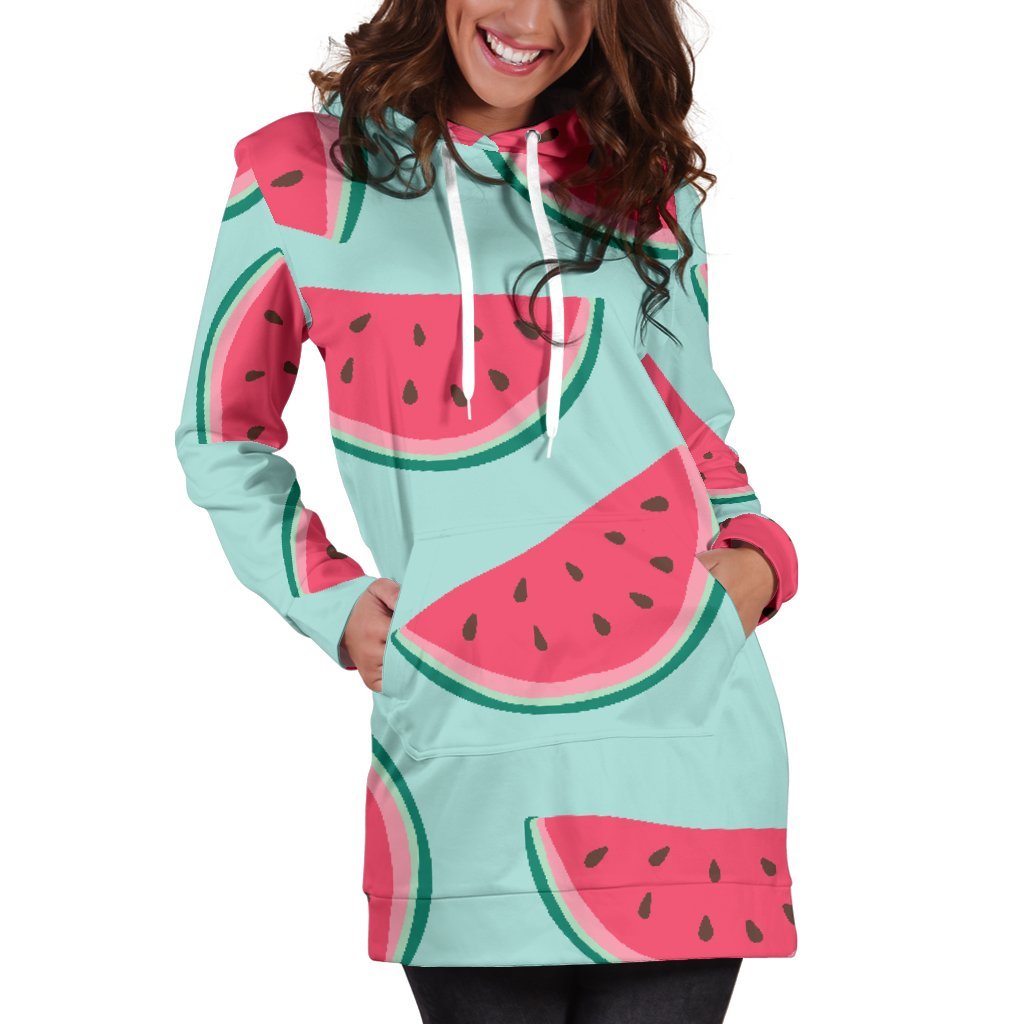 Blue Cute Watermelon Pattern Print Hoodie Dress GearFrost