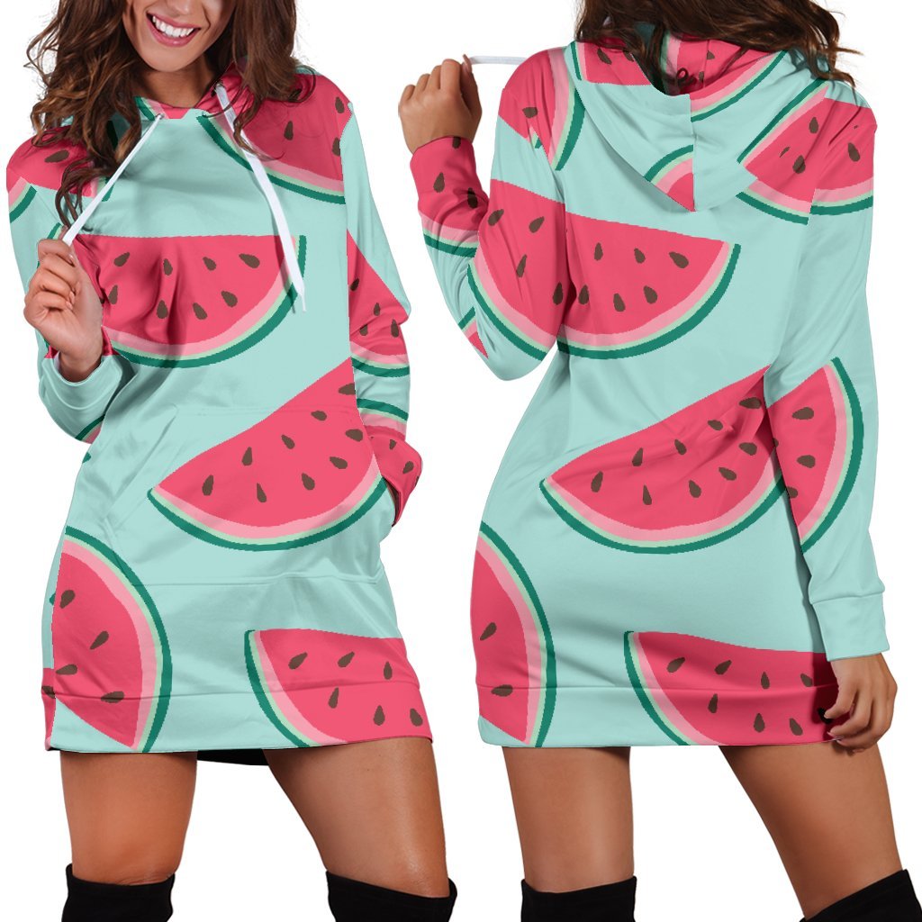 Blue Cute Watermelon Pattern Print Hoodie Dress GearFrost