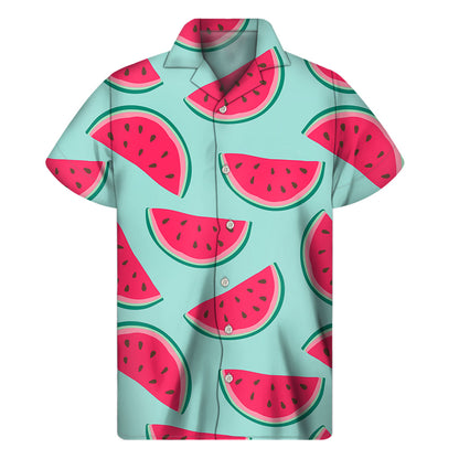Blue Cute Watermelon Pattern Print Men's Short Sleeve Shirt