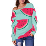 Blue Cute Watermelon Pattern Print Off Shoulder Sweatshirt GearFrost