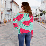 Blue Cute Watermelon Pattern Print Off Shoulder Sweatshirt GearFrost