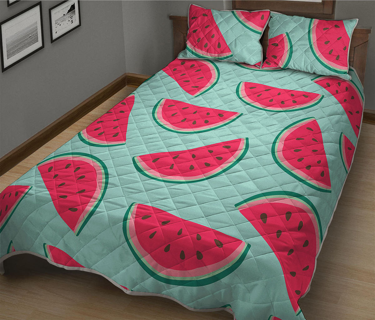 Blue Cute Watermelon Pattern Print Quilt Bed Set