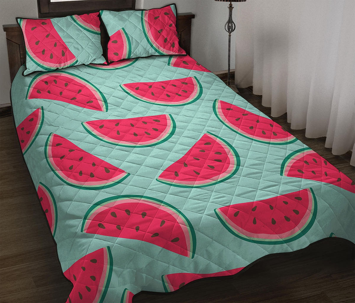 Blue Cute Watermelon Pattern Print Quilt Bed Set