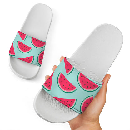 Blue Cute Watermelon Pattern Print White Slide Sandals