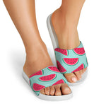 Blue Cute Watermelon Pattern Print White Slide Sandals