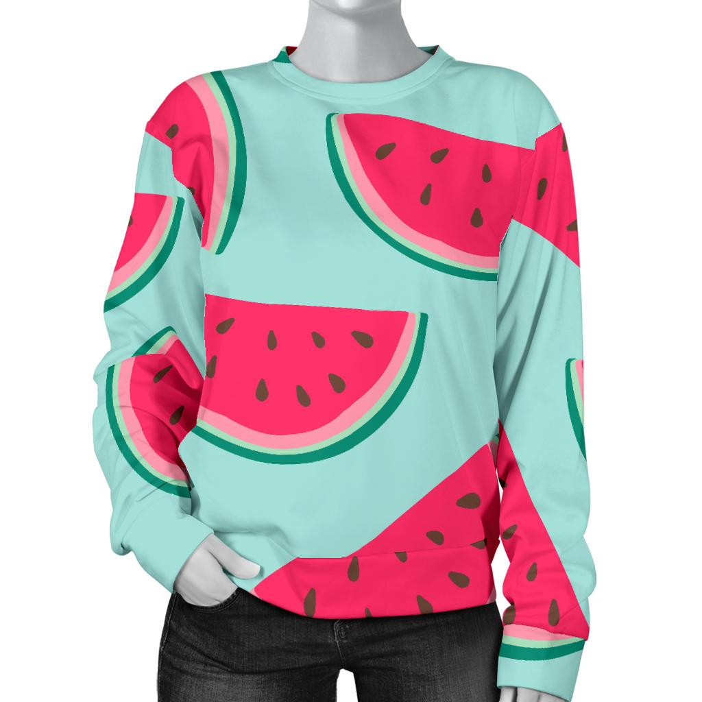 Blue Cute Watermelon Pattern Print Women's Crewneck Sweatshirt GearFrost