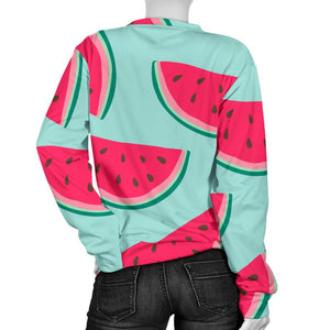 Blue Cute Watermelon Pattern Print Women's Crewneck Sweatshirt GearFrost