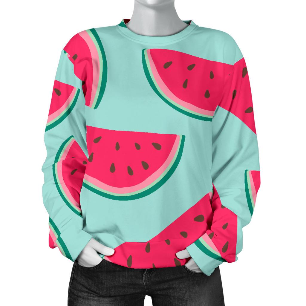 Blue Cute Watermelon Pattern Print Women's Crewneck Sweatshirt GearFrost