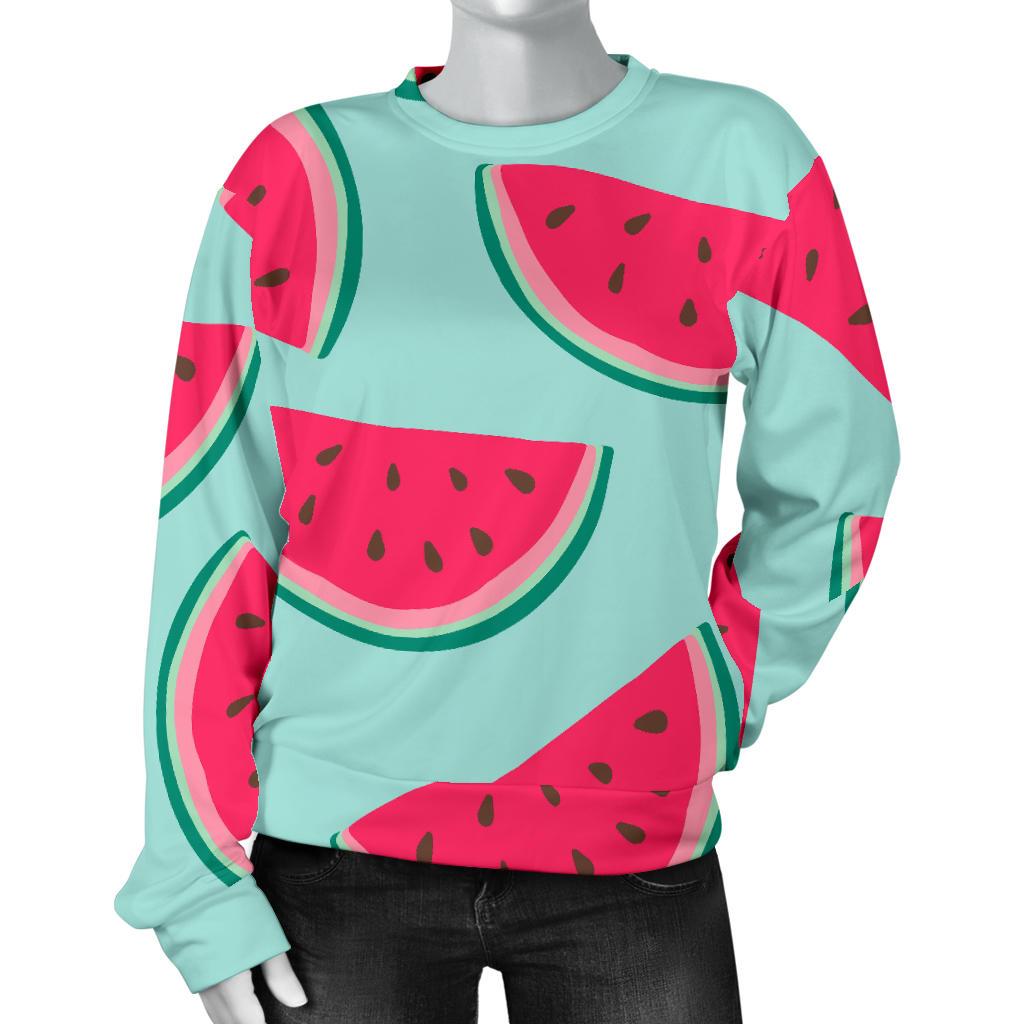 Blue Cute Watermelon Pattern Print Women's Crewneck Sweatshirt GearFrost