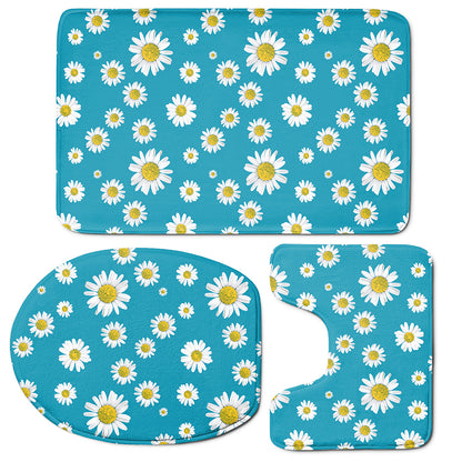 Blue Daisy Flower Pattern Print 3 Piece Bath Mat Set