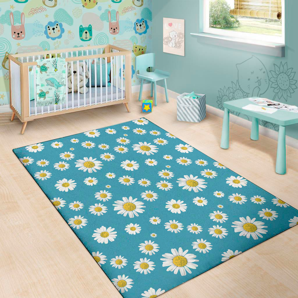 Blue Daisy Flower Pattern Print Area Rug