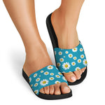 Blue Daisy Flower Pattern Print Black Slide Sandals