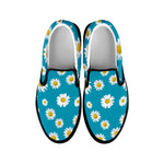 Blue Daisy Flower Pattern Print Black Slip On Shoes