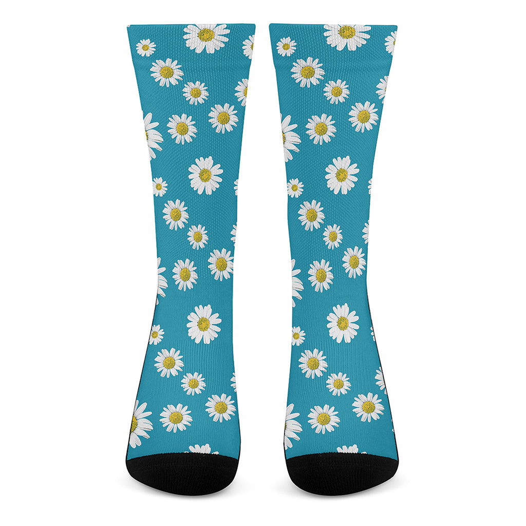 Blue Daisy Flower Pattern Print Crew Socks